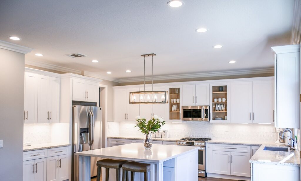 A newly remodeled Chadds Ford, PA kitchen featuring new recessed lighting and appliances