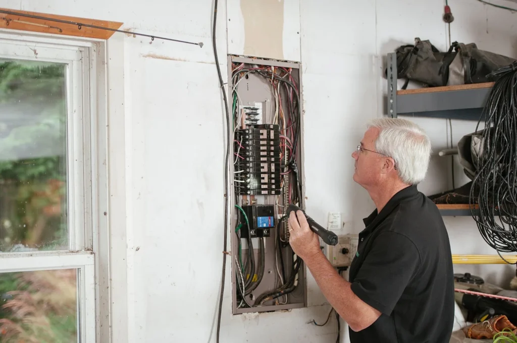 a certified electrician inspecting a buzzing electrical panel