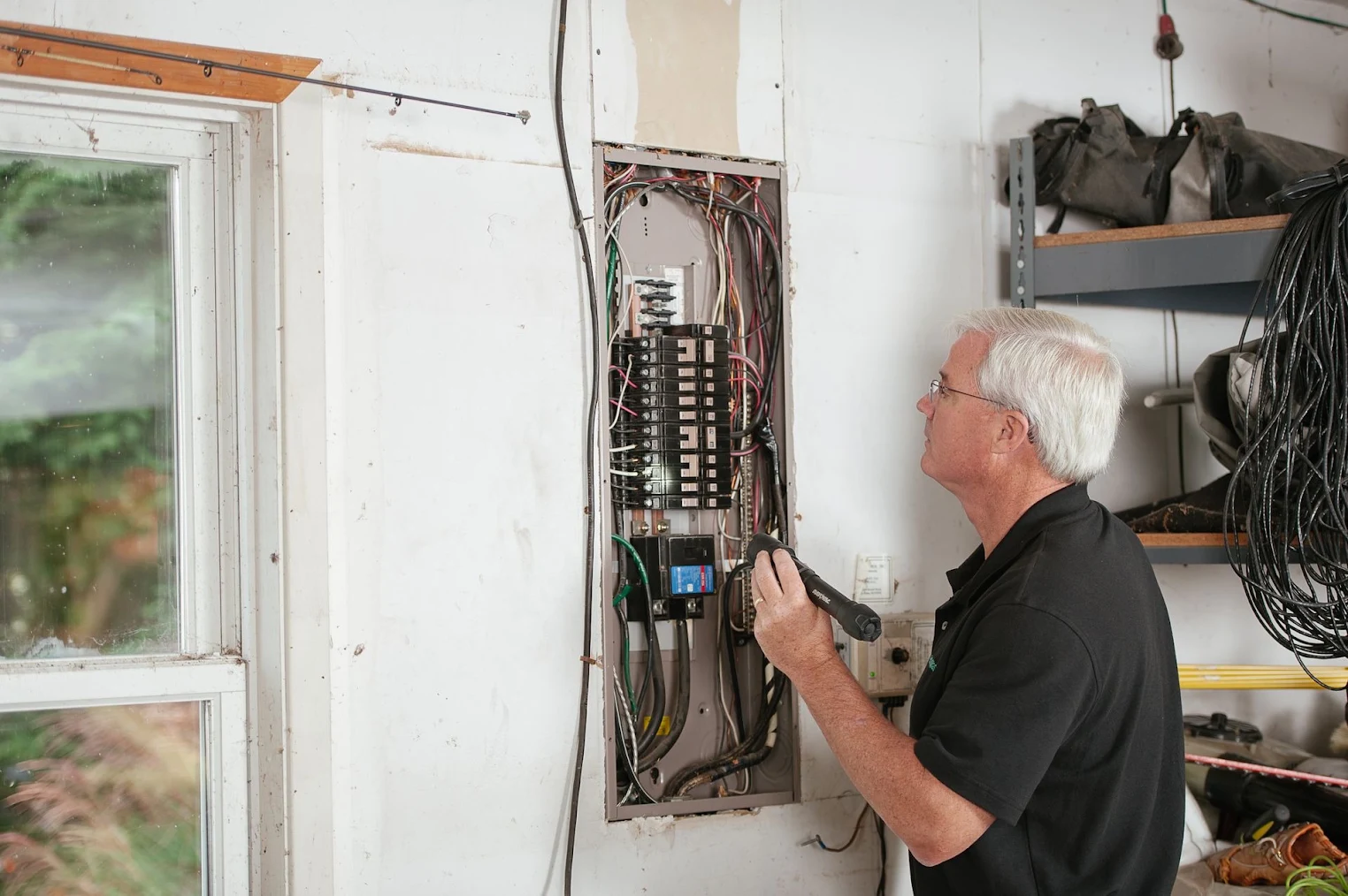 a certified electrician inspecting a buzzing electrical panel